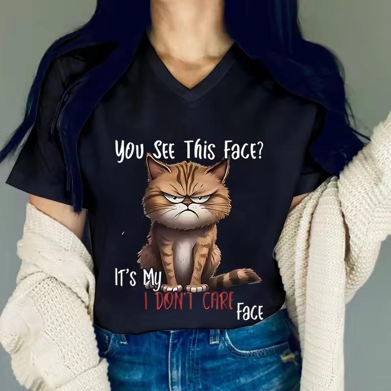 3D Printed Women's Clothing Angry Cat Printed T-shirt IT'S My I DON'T CARE FACE Funny T Shirts V-neck Graphic Shirts and Blouses Cat Lover