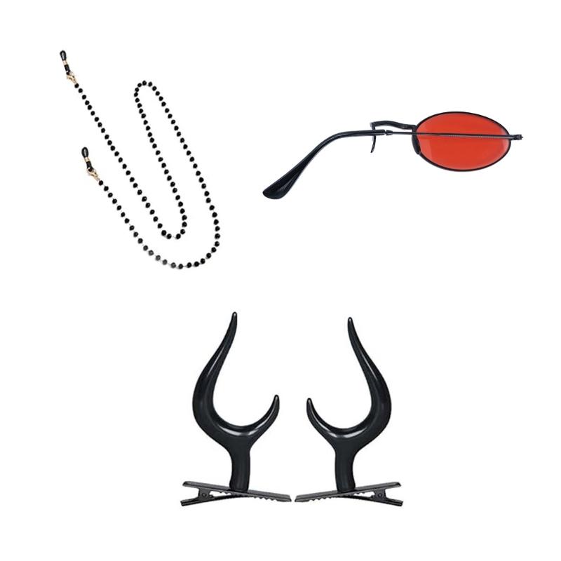 Monocular Glasses with Chain Devil Horns Hair Clips Monocle Sunglasses Alastor Costume Accessories for Halloween Cosplay F0S4