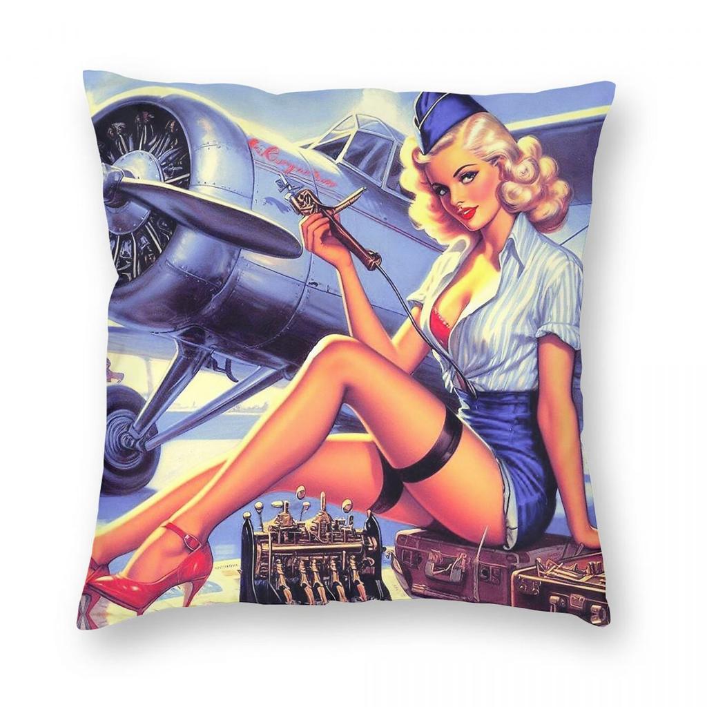 Retro Airplane PinUp Pillowcase Polyester Linen Velvet Printed Zip Decor Pillow Case Home Cushion Case