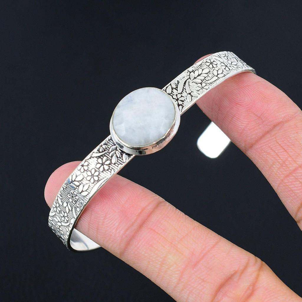 925 Silver Oval Natural Rainbow Moonstone Handmade Birthday Boho Bangle Bracelet