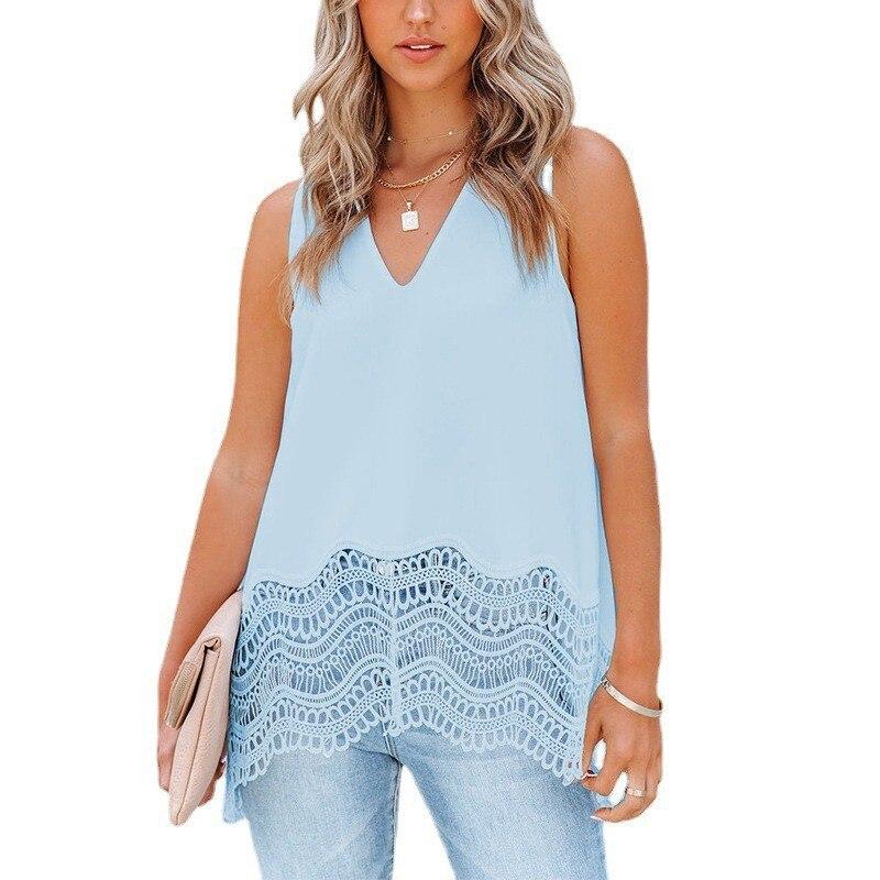 

2023 Лето V-образный вырез шифон мода для женщин кружева без рукавов рубашка однотонный свободный повседневный элегантный и молодежный топ Blusas 25466 XXL светло-синий
