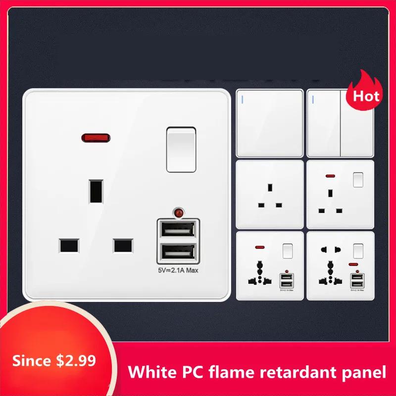 White UK Plug 13A with USB Panel UK Socket Panel, International Universal USB Mobile Phone Charging Socket, with LED Light