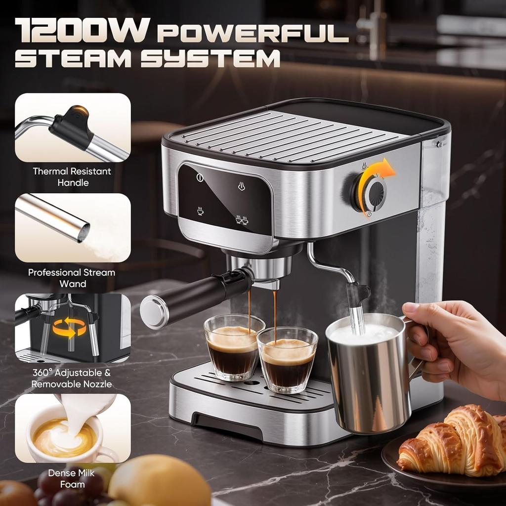Espresso Machine 20 Bar, Professional with Milk Frother, LED Touch Screen, 61OZ Tank, Compact Home Coffee Maker for Latte & Capp