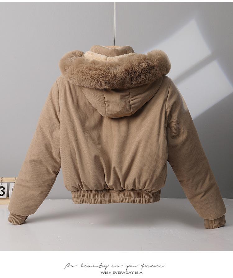 Women's Fleece-lined Cotton-padded Coat with Big Fur Collar Short Thickened Hooded Jacket
