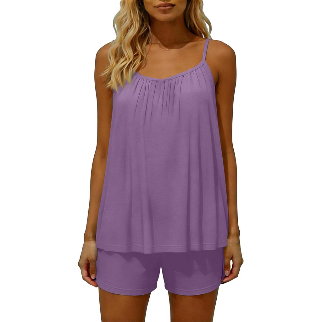 Women's Color Loose Fitting Backless Sleeveless Pullover Top And Elastic Waist, Pocketless Shorts Set.