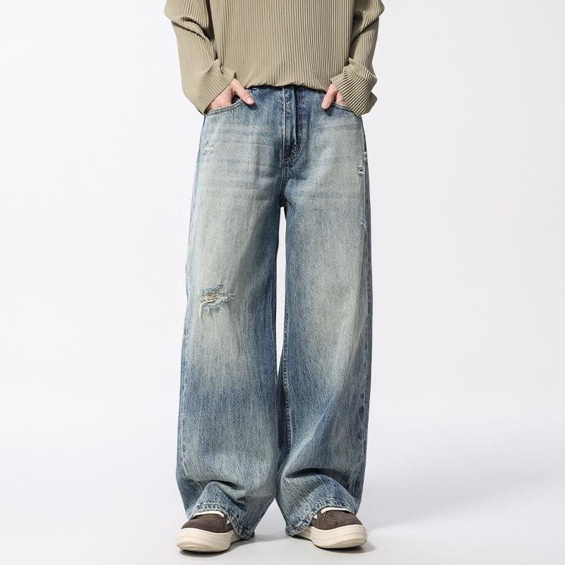 New Retro Gradual Change Color Ripped Flower Wide Leg Jeans, Men's Casual Loose Drape Trousers