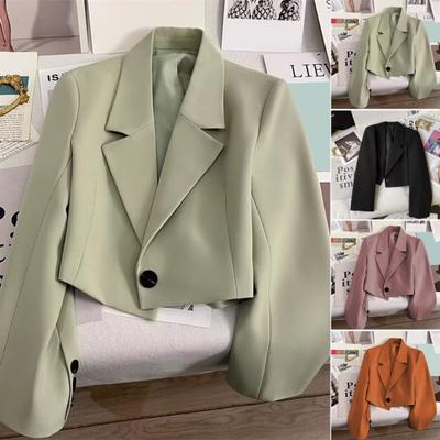 Manteau de costume pour femme, style formel, col rabattu, bouton décoratif, coupe ajustée, court, couleur unie, manches longues, cardigan, fermeture à un seul bouton, OL Commute