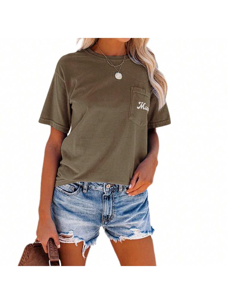 Women's Letter Print Crew Neck T-Shirt Short Sleeve Loose Basic Tee with Pocket