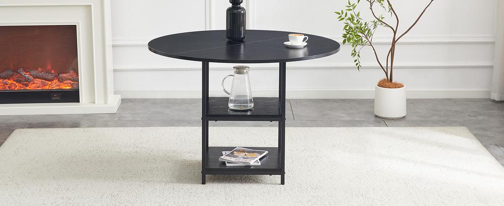 Round Dining Table with 107 cm Diameter and Double Storage Level, Black MDF Top + Metal Frame, Suitable for 2-4 People, For European Family Meals