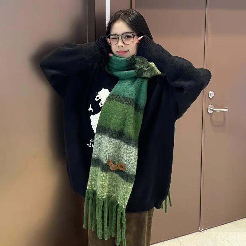 Autumn And Winter  Thickened Mohair Scarf For Women All-Match High-End Tassel Maillard Plaid Warm Neck Scarf