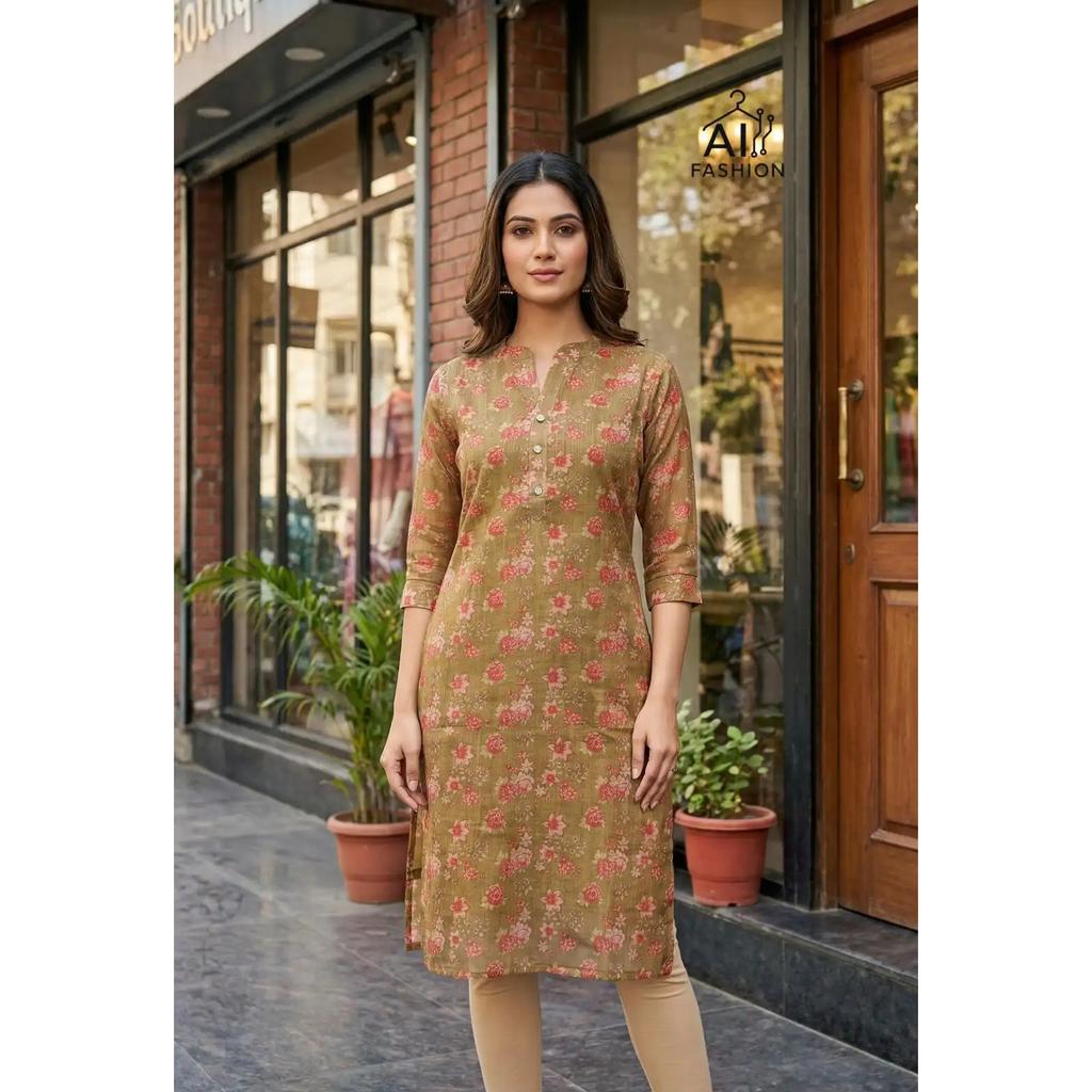 Floral Printed Simmer Silk Kurta Indian Women Daily Wear Top Tunic Kurti Dress