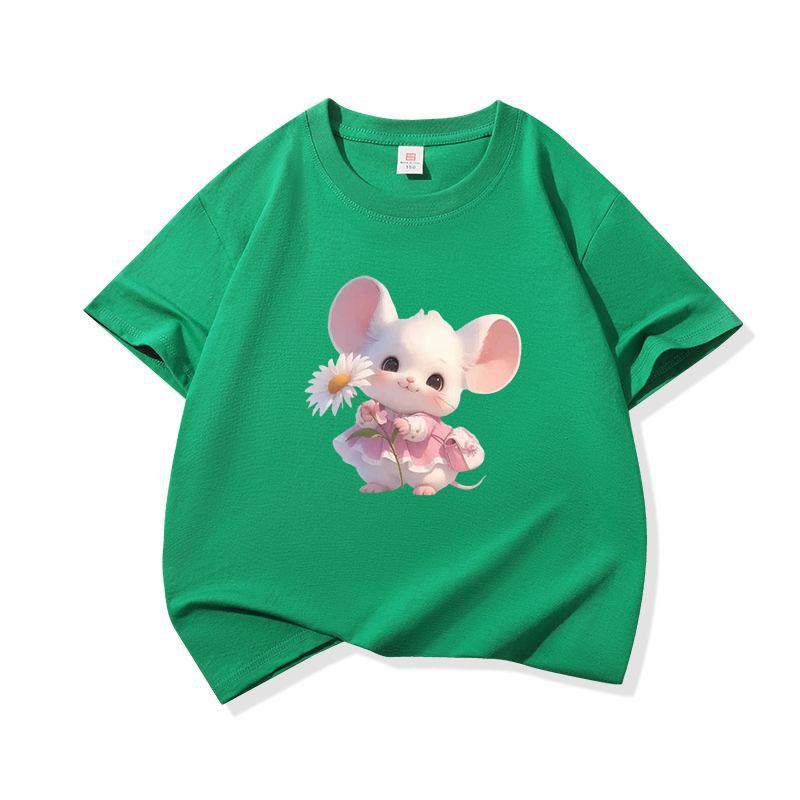 Kids Cotton T Shirt Cute Mouse Holding Daisy Print Crew Neck Short Sleeve Tee Casual Boys Girls Summer Tops