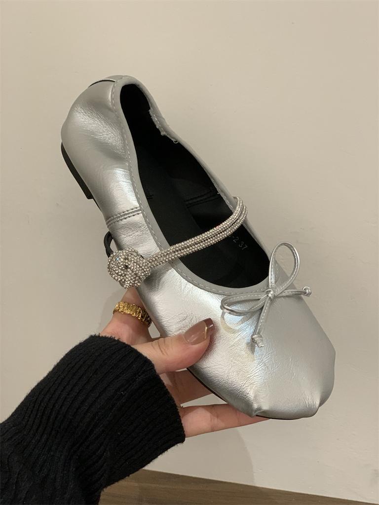 Fashion IPPEUM Silver Mary Janes For Women 2025 New Fashion Round Toe Ballet Flats Shoes Ballerina