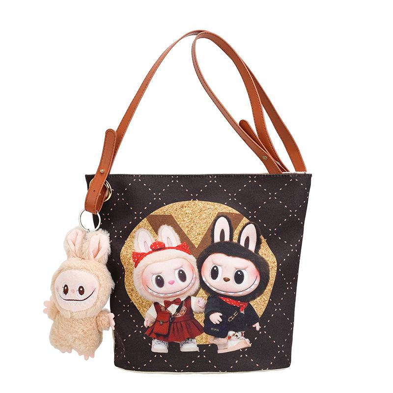 Korean Cartoon Labubu Crossbody Canvas Women's Bag Large Capacity Student Commuting To Class Embroidered Shoulder Bag Bucket Bag