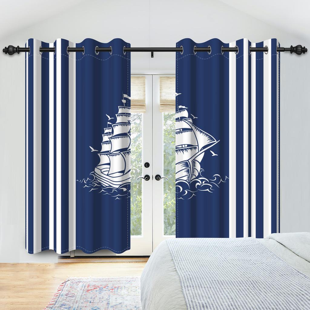 Nautical Themed 100% Blackout Curtains Multiple Designs Navy Style Curtains For Bedroom Living Room Decor Grommet Window Drapes