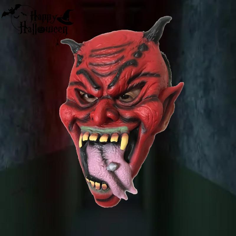 Exquisite Red Horned Mask With Long Tongue And Spikes Ideal For Halloween Celebrations