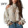Long Sleeve Shirts Women Fall Cold Shoulder Shirt, Vintage Ethnic Print High Casual Blouses Collar Blouse, Ruffle Lantern Top Soft