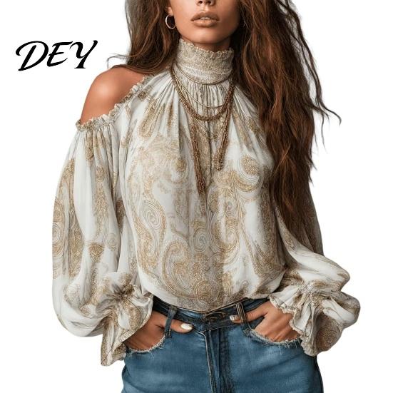 Long Sleeve Shirts Women Fall Cold Shoulder Shirt, Vintage Ethnic Print High Casual Blouses Collar Blouse, Ruffle Lantern Top Soft