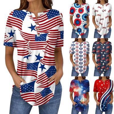 Short Sleeve Womens Tops Summer T-Shirts Print V Neck Casual Basic Tee Button Shirts Tunic Tops Independence Day