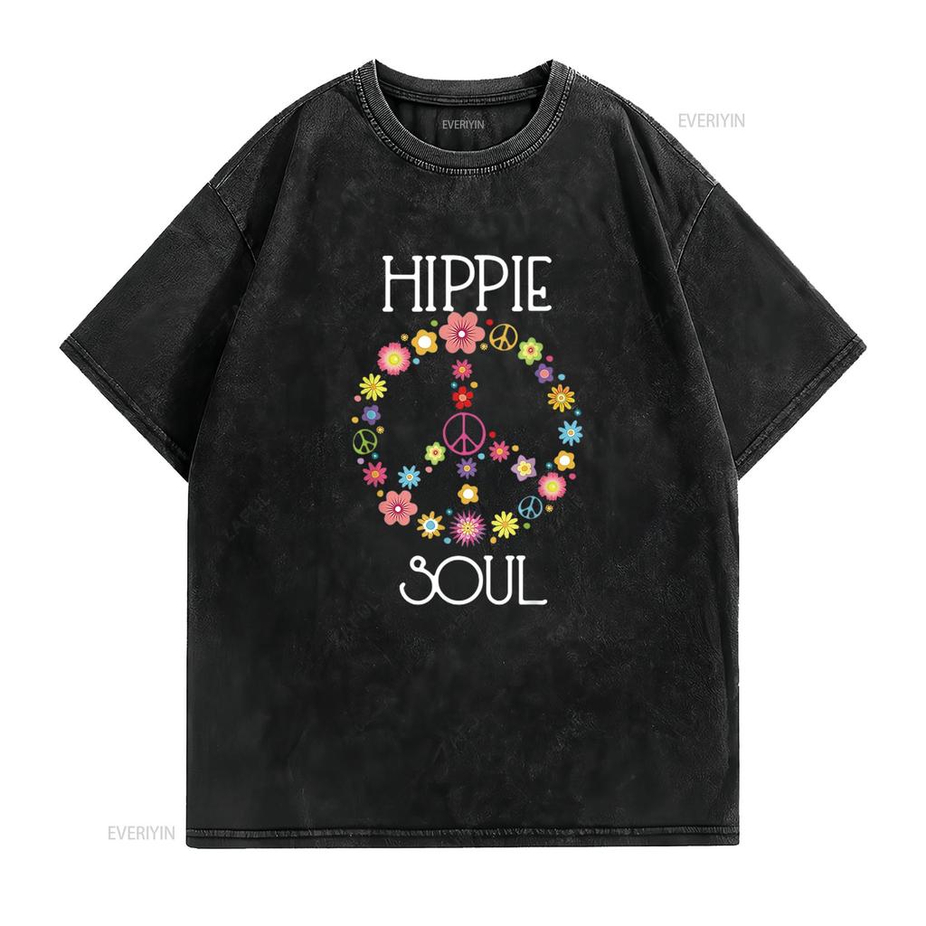 Mens Hippie Soul Flower Power Peace Sign Gypsy 60s 70s T Shirt Black vintage Washed streetwear designer clothes Breathable