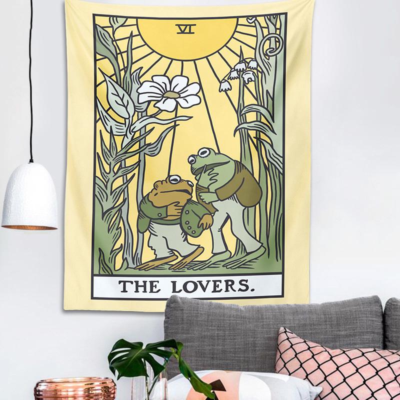 1pc Psychedelic Frog Tarot Tapestry  The Lovers Sunflower Design Botanical Hippie Wall Art for Living RoomBedroomDorm 74x94cm(29x37in)