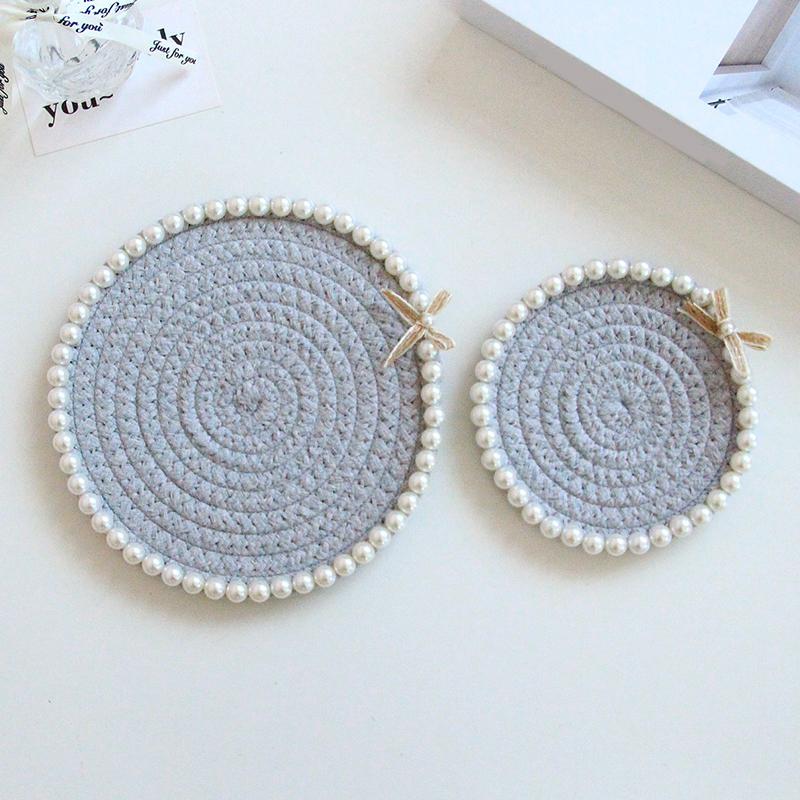 12cm*12cm Bowknot Chic Multiple Colors Ornament Pearl Handmade Cotton Rope Creative Coffee Cup Pad Home Table Decor Accessories
