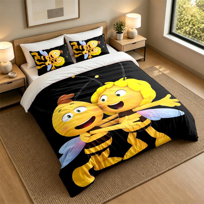 Weiches Bettwäsche-Set Biene Maja Muster, 1 Bettbezug plus 2 Kissenbezüge Stilvolles Schlafzimmer Heimtextilien