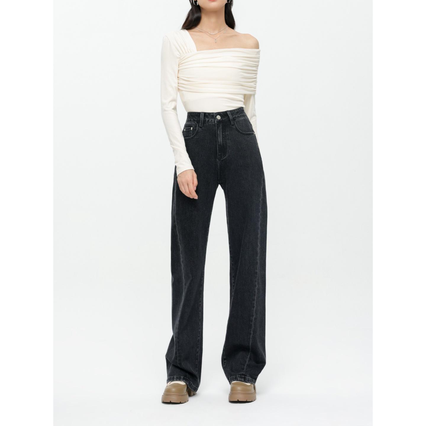 

2026 Women s Black-Gray Slim Straight Wide-Leg Jeans, Flattering Loose-Fit, Floor-Length Trousers 29