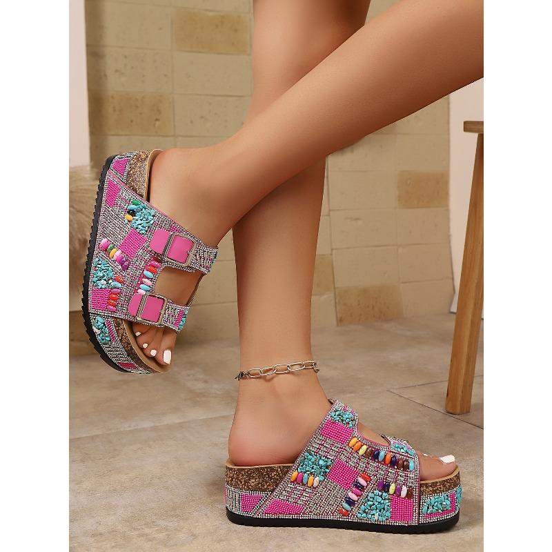 Cork Sandals 2025 Summer New Plus-size Rhinestone Belt Buckle for Women Wearing Platform Slippers