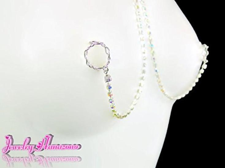 [Jewelry Hanazono] Owalny naszyjnik na sutek z rzędem diamentów i kryształowym wzorem Aurora, Srebrny, Akcesorium na sutek, Srebro próby 925, Biżuteria na sutek,