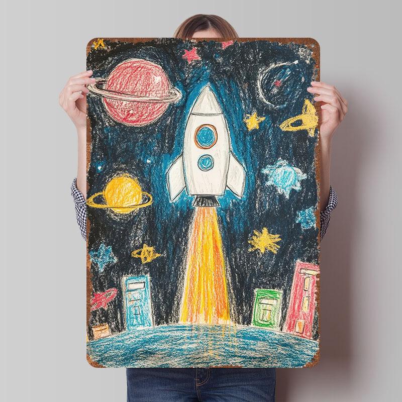 

Space Rocket Drawing Poster Customized Wall Art Vintage Metal Signs Retro Tin Plaque for Man Cave Room Decoration Wand Deko Home 7.9x11.8In(20x30cm)