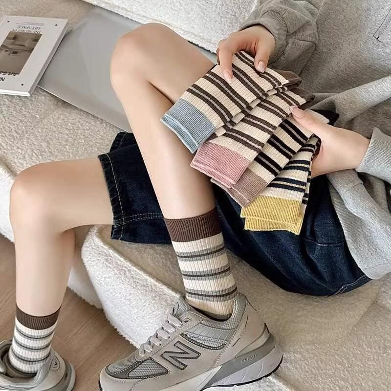 Yifan Micro-Pressure Maillard Striped Mid-Calf Women's Spring & Autumn Trendy Korean Dress
