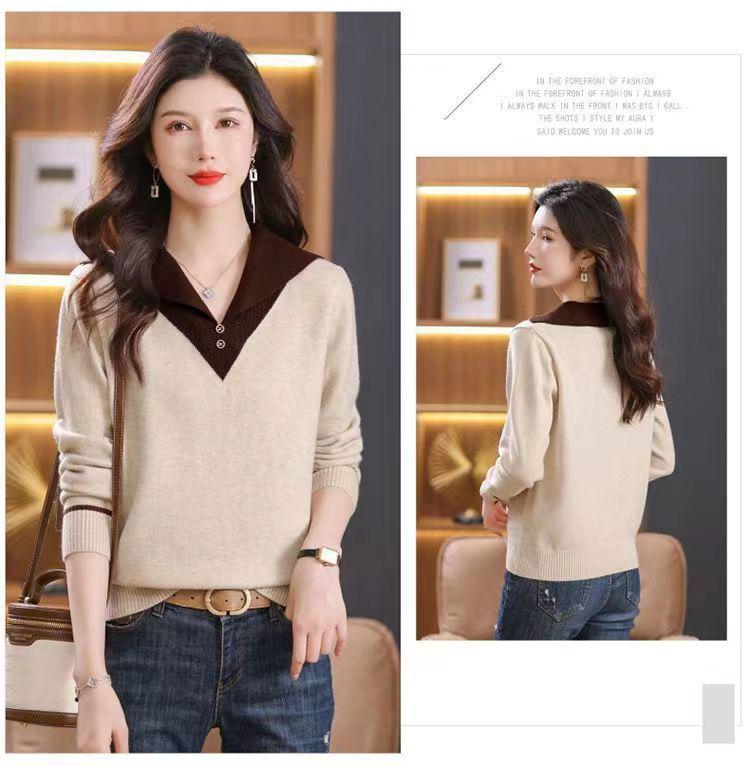 Nový stylový pletený svetr v barevných blocích - Dámský úzký top podzimní/zimní móda