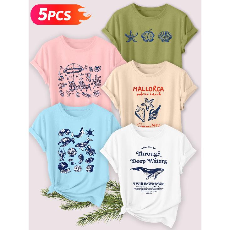 Five-piece set Elegant short-sleeved shirt for women Beach vacation series printed round-neck women's short-sleeve shirt suitable for spring and