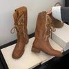 2025 Retro Style Embroidery Sewing Round Toe High Heels Women Boots Solid Color Lace Up Sexy Western Casual Elegant Cowboy Shoes