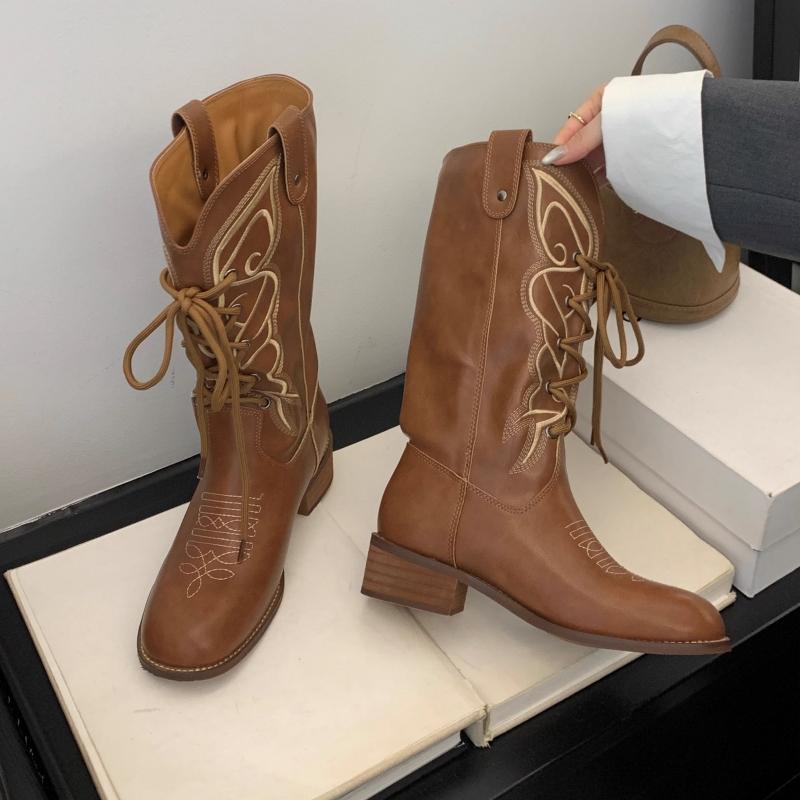 2025 Retro Style Embroidery Sewing Round Toe High Heels Women Boots Solid Color Lace Up Sexy Western Casual Elegant Cowboy Shoes