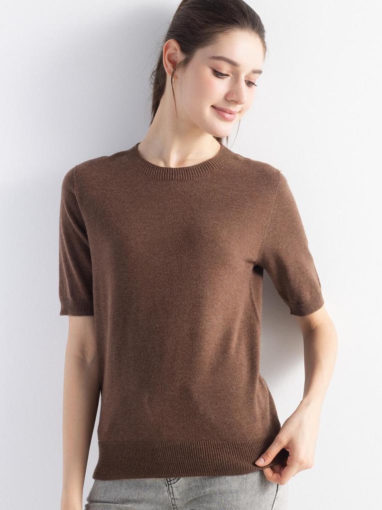 Women's Wool Knit Round Neck Short Sleeve Pullover Top