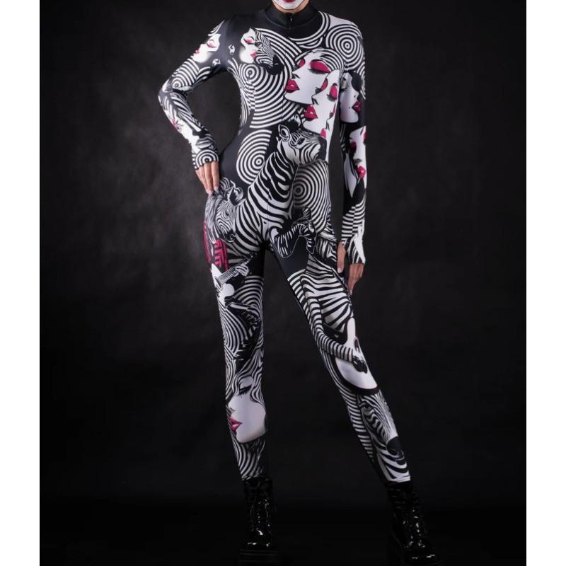 Zebra Lines Women Face 3D Digital Printing Jumpsuit Adults Stage Dance Performance Outfit Halloween Party Dress Up Costume