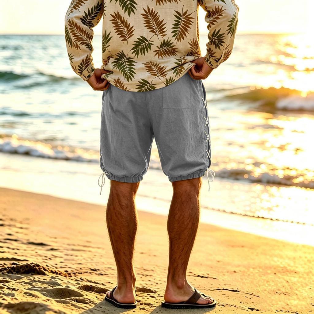 Men's Linen Casual Shorts Side Drawstring Cotton Linen Breathable Beach Pants Summer Lightweight Loose Fit Straight Leg