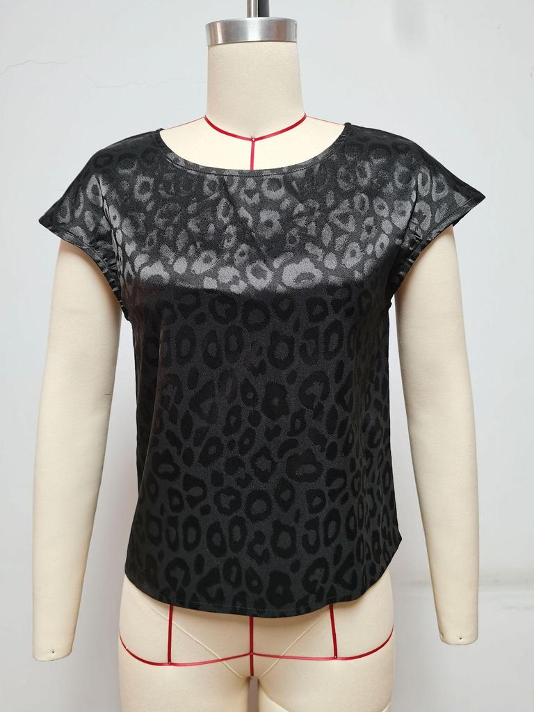Leopard Print Jacquard Short Sleeve Women's Summer Top