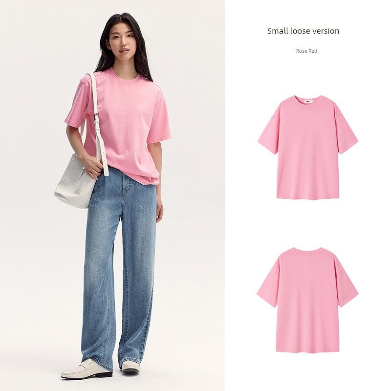

T-shirt for Women Mid Length Long Length Loose and Idle Basic Style Pure Color Summer round Neck Drop Shoulder 100% Cotton Coat Minimalist Rose Red 60172 155/80A/S