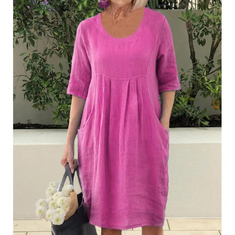 Robe d'été ample à col rond et manches courtes pour femmes grande taille mode plissée poches décontractée ample robes de fête simple élégant couleur unie vêtements