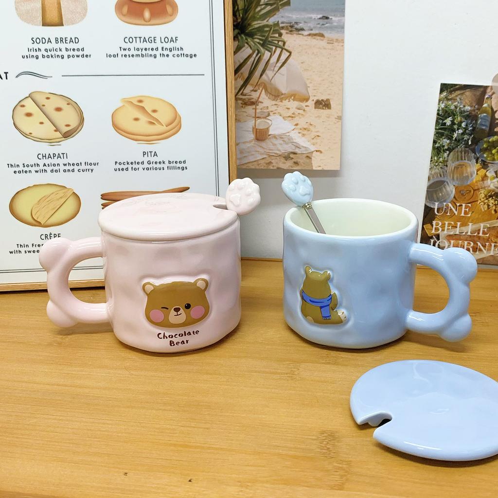 Cute Bear Mug with Lid Spoon High Value Cup Ceramic Couple Water Cup Girls Home Coffee Breakfast Cup
