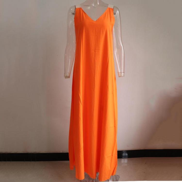 Bohemian Maxi Dress Orange V Neck 2025 Summer Large Size Suspender Style
