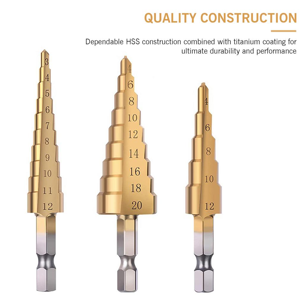 HSS 4PCS Titanium Step Drill Bit Set High Speed Steel Drill Bits Set with Automatic Center Punch