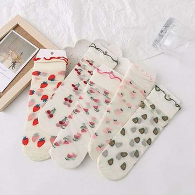 Cherry Strawberry Glass Silk Ruffle Socks Avocado Fruit Mesh Tulle Mid Tube Socks  Girl