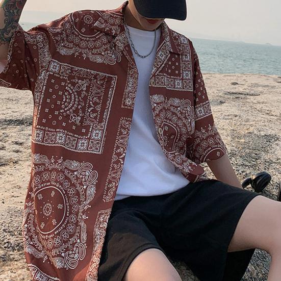 Women Shirt Lapel Short Sleeve Printing Shirt Tops Loose Fit Buttons Placket Casual Beach Vacation Tops