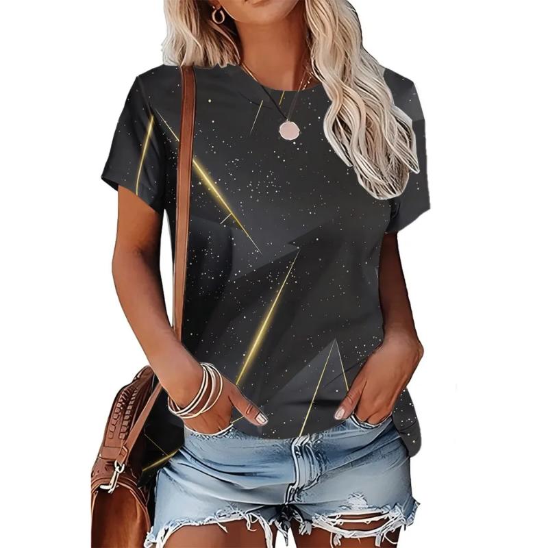 Moda Donna Girocollo Manica Corta Stampa Colore 3D Casual T-shirt Casual a Manica Corta Girocollo