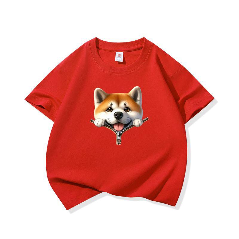 Kids Pure Cotton T Shirt Adorable Dog Zipper Print Crew Neck Short Sleeve Tee Casual Breathable Boys Girls Summer Tops