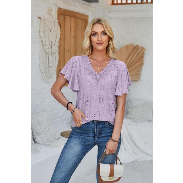 New Fashion Women's Lace V-neck Loose T-shirt Solid Color Ruffled Sleeves Spring Summer